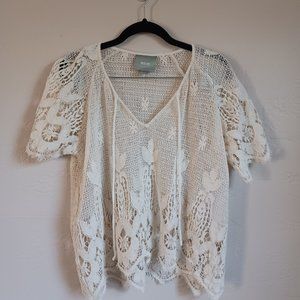 MAEVE Anthropologie Ivory Crocheted Short Sleeve Top Size XS